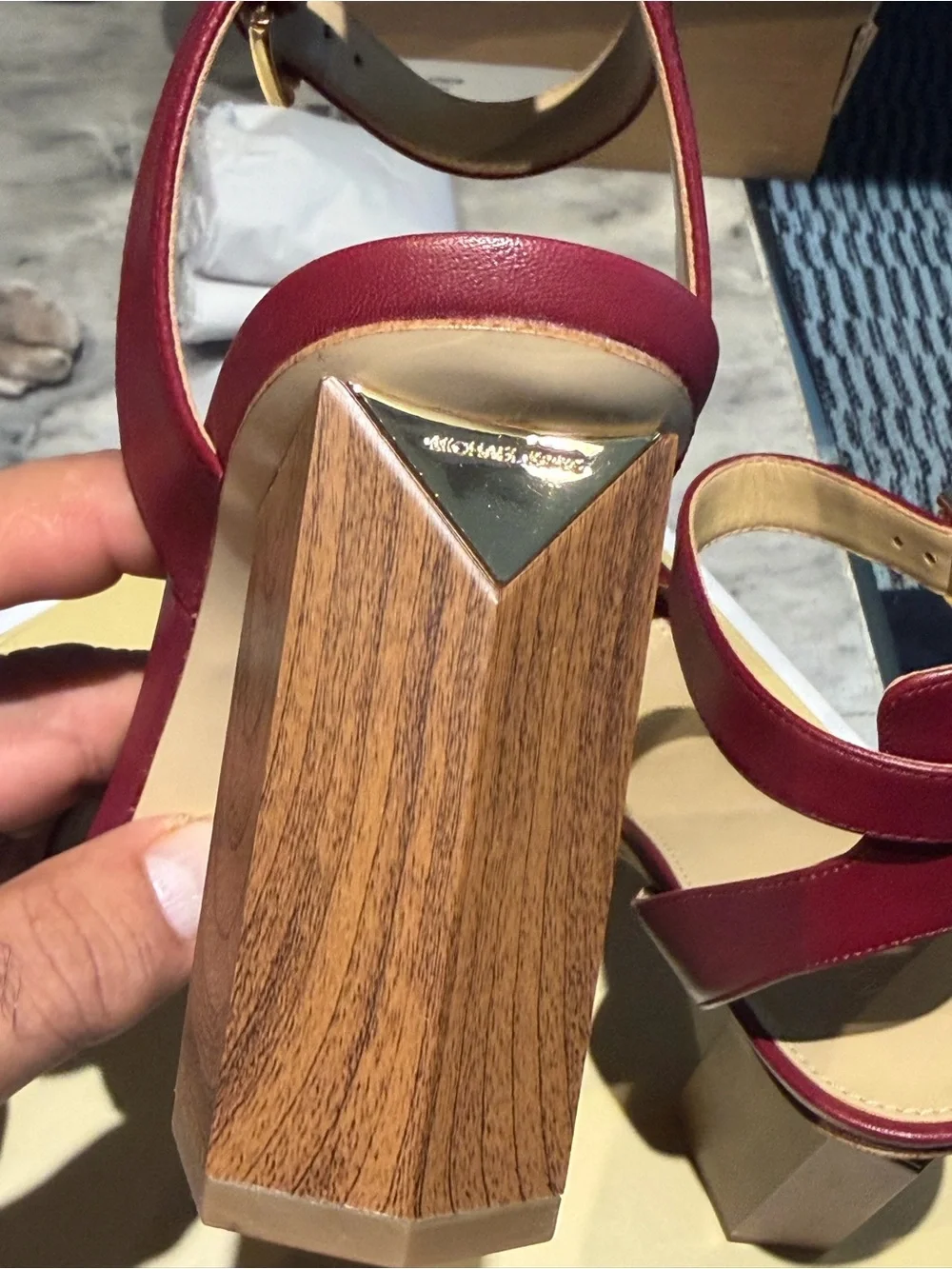 Michael Kors Burgundy Ankle-Strap Block Heel Sandals maroon color